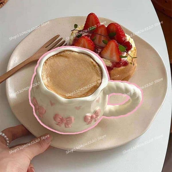 Korean Style Girl Delicate Bow Cherry Milk Coffee Afternoon Tea Party Chat Ins Cute Mood Mug Festival Birthday Gifts 26Y0326