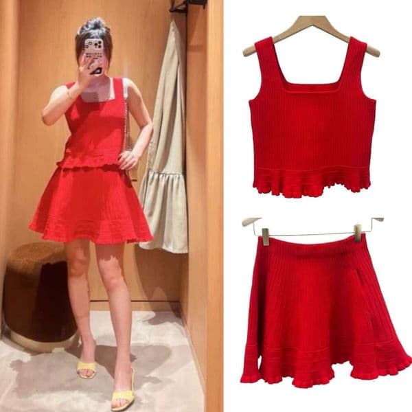 Summer new designer women's fashionable X21 slim fit sexy U-neck sleeveless knitted vest and French short skirt