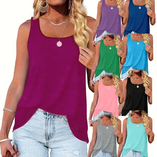 Plus size womens solid color polyester fiber with elastic summer Uneck dolphin hem simple classic of American casual vest 260325
