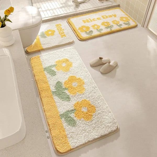 Designer Yellow Flower Bath Set Ultra Fine Fiber Bathroom Toilet Foot Mat Anti Slip h Water Absorbing Carpet 240902 007