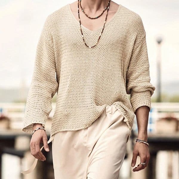 Autumn Mens Clothing y Knit T Shirt Solid Color V Neck Long Sleeve Leisure Streetwear Hollow Out Loose Tees S3XL 260326