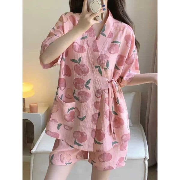 New Womens Nightwear Loungewear Kimono Pajamas Student Short Sleeves Shorts Peach Print Tops and Pants Set Sleepwear Comfortable C260327