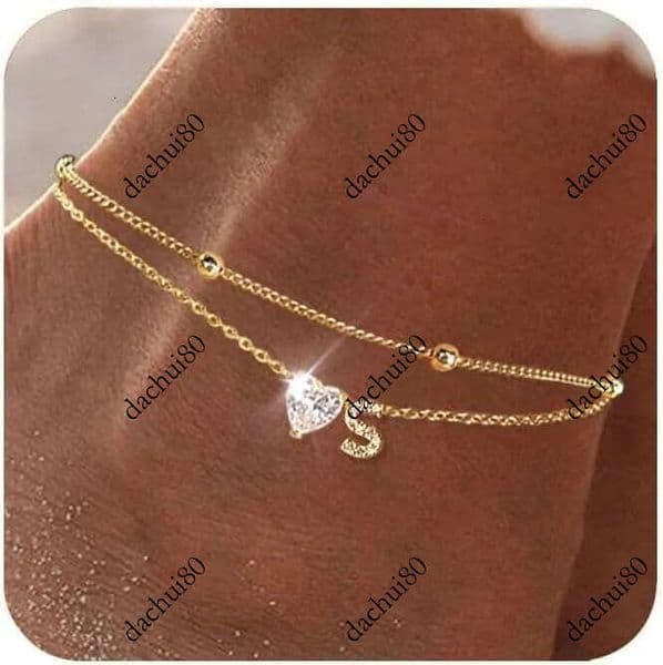 Gold 14K 3 Waterproof Plated CZ Initial for Women Dainty Layered Letter Heart Ankle Bracelets Handmade Adjustable Foot Chain Anklet Summer Beach Jewelry