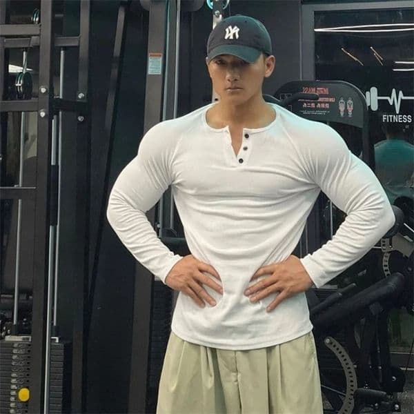 Men Sports HighElastic Fitness Long Sleeve TShirt Autumn Slim Fit Henley Collar Tshirt Streetwear Casual 260326BJ