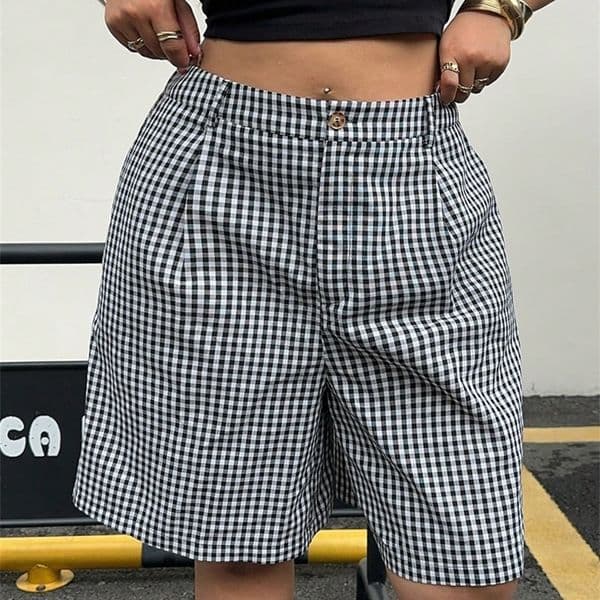 Ladies plus Size Spring Simple Casual Black White Plaid Shorts Wide Leg Pants Trousers for Women y260302BANJIA