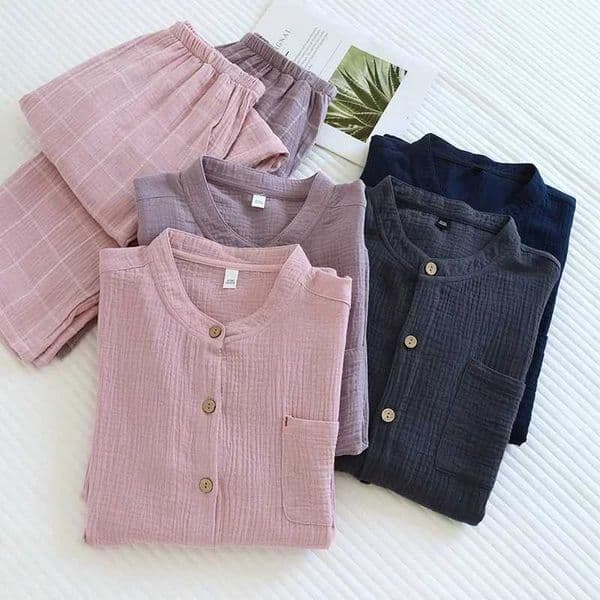 2026 Japanese style new couple sleepwear set 100 cotton crepe fabric long sleeved long pants two-piece home wear pajama C260327