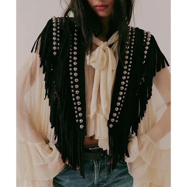 Combhasaki Womens Y2k Vintage Studded Suede Vest Coat 70s Hippie Outfits Sleeveless Open Front Tassel Patchwork Collar 260326