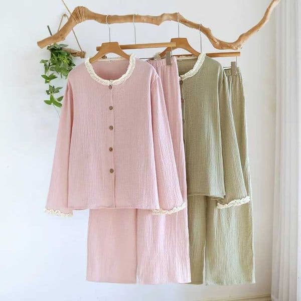 2026 New Spring and Autumn Pajama Set 100 Cotton Crepe Large Long Sleeve Long Pants Thin Loose Home Clothes Two Piece Set C260327
