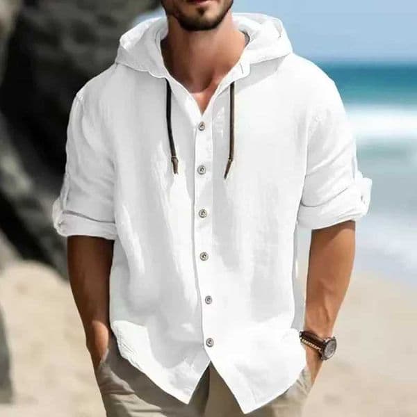 Summer Mens Linen Shirt Solid Strtwear Long Slve Hoodie Cardigan Clothing For Men Button Tops Casual Loose Men Hooded Shirt L260327
