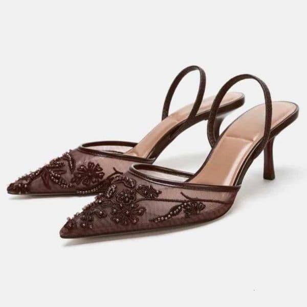 Sexy Pointed Toe Mesh Embroider High Heels for ladies Elegant String Bead pumps Summer Luxury Shoe Brown Heeled Sandals Z260327