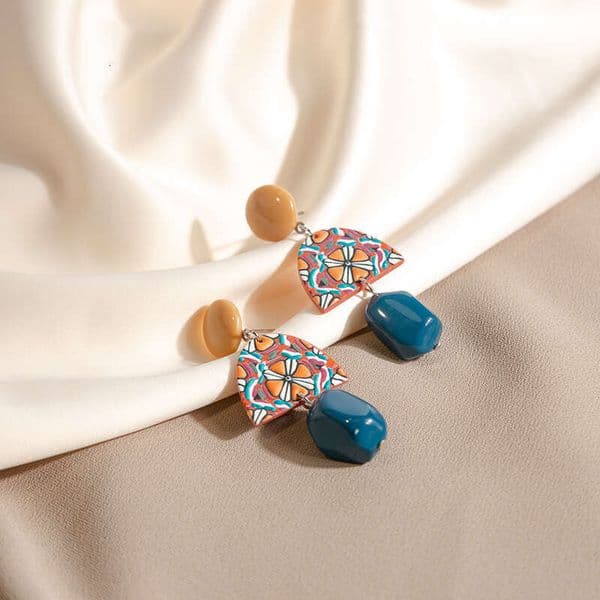 American retro yellow and blue contrasting acrylic irregular geometric personality long drop earrings, Baroque style ear hooks