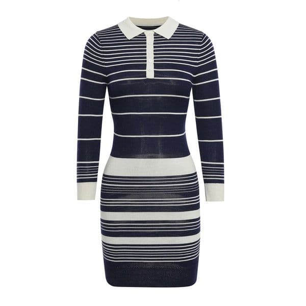 2026 autumn and winter new French designer color blocked striped Polo collar c1 knitted dress fashionable CC slim fit dress