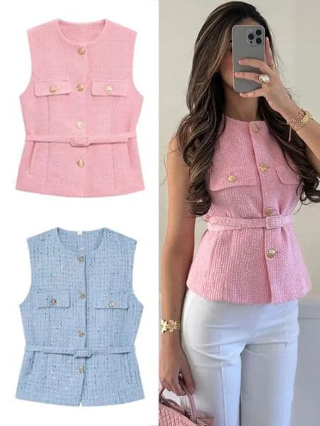 HH Women Elegant Solid Belt Vests Tops O Neck Metal Button Sleeveless Waistcoat Office Lady Outerwear Casual Blazer Tops 260327