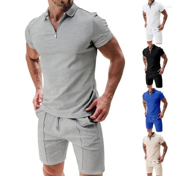 Men's Tracksuits European And American Short-Sleeved Shorts Casual Suit Summer Waffle Pure Color Loose Lapel T-Shirt For Men