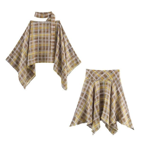 Chic Fashion Plaid Midi Skirts Two Piece Sets For Women 2026 Scarf Collar Cape Tops Womens Suits Elegant Woman Outfits 260326