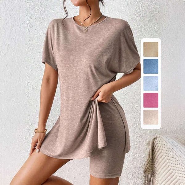 Casual cross-border solid color comfortable two-piece set with batwing sleeves, round neck slit T-shirt and tight shorts