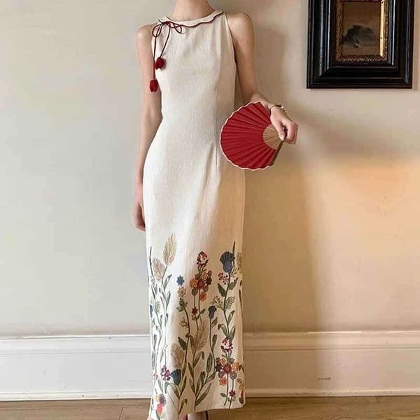 New Chinese-Style Printed Modified Cheongsam For Women, 2026 Spring, Niche Design, Waist-Cinching, Slimming, Sleeveless Long Dress Qipao Hanfu Silk