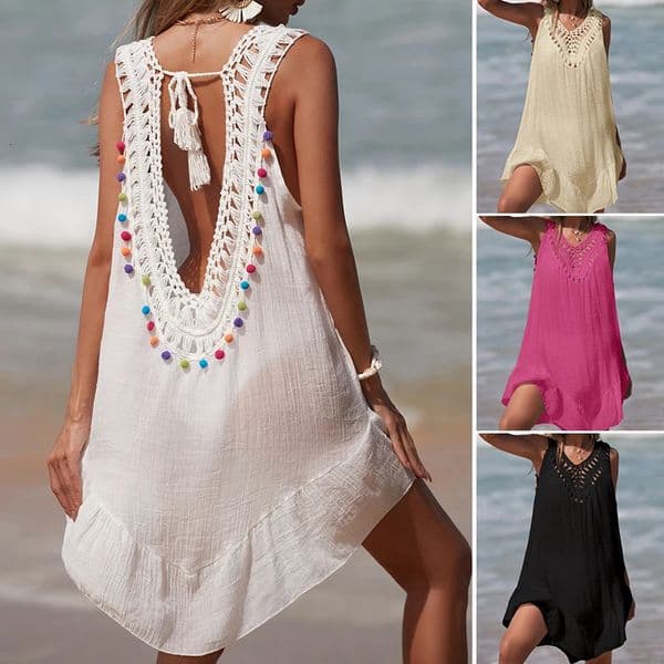 Women V-Neck Backless Hollow Out Short Dress Crochet Splicing Wooden Ear Dress With Colored Balls Beach Swimsuit Cover Up260316BJ