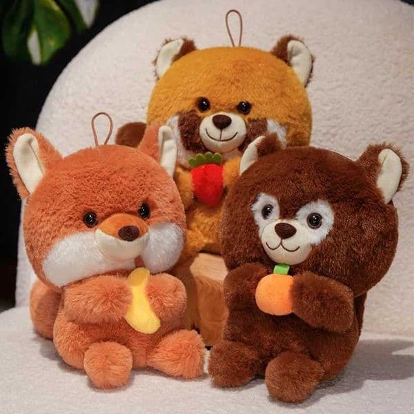 25CM Cute Raccoon Fox Squirrel Plush Toy Lovely Animal Hold Fruit Stuffed Doll Hang Pendant Toys Home Decoration R251210