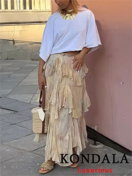 KONDALA Vintage Flower Print Long Skirts High Waist Ruffles Chiffon Skirts Fashion Autumn Boho Holiday Party Skirts 260326
