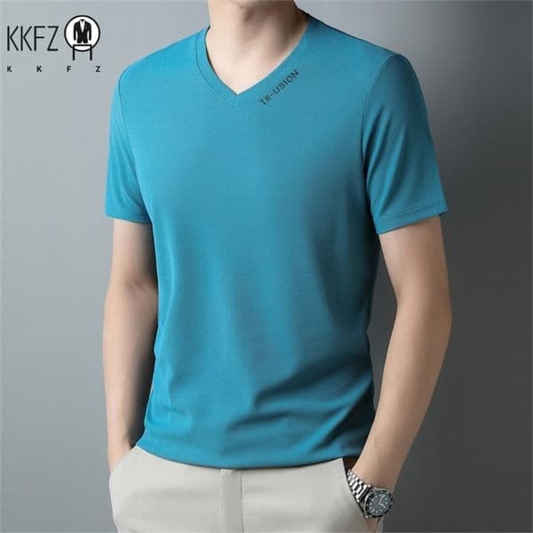 Mens Casual and Fashionable Vneck Solid Color Short Sleeved Tshirt Breathable Comfortable Summer Versatile Top 260326BJ