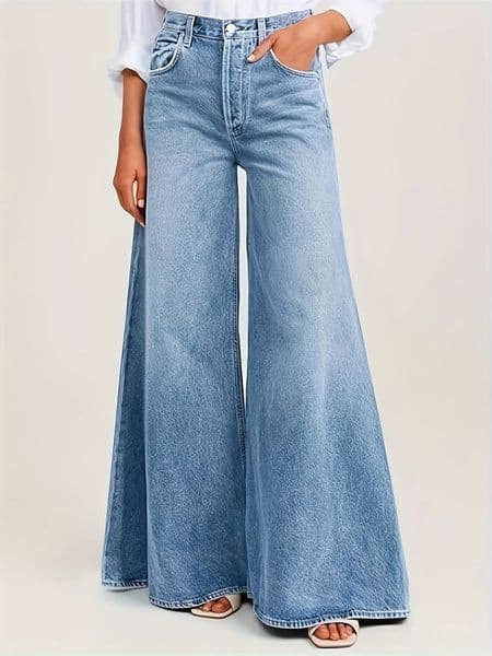High-waisted light blue faded loose A-line wide-leg womens jeans 260324