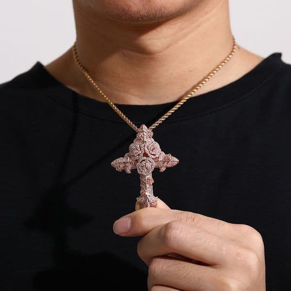 Vintage Rose Cross Pendant Zircon Hip-Hop Necklace Jewelry Accessories