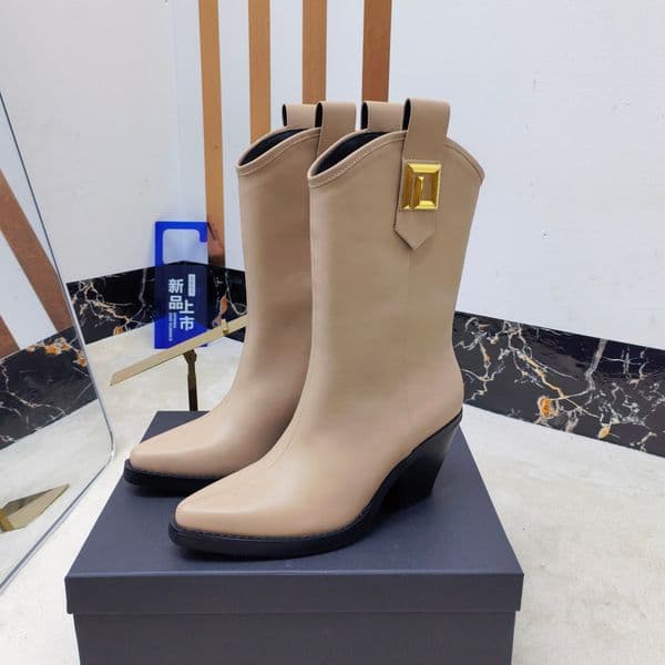 Luxury Designer Women Western Cowboy Boots Fashion Pointed Toe Wedge Heel Mid Calf Boots Gold Buckle Genuine Leather Leopard Print Ladies Party Shoes Houndstooth