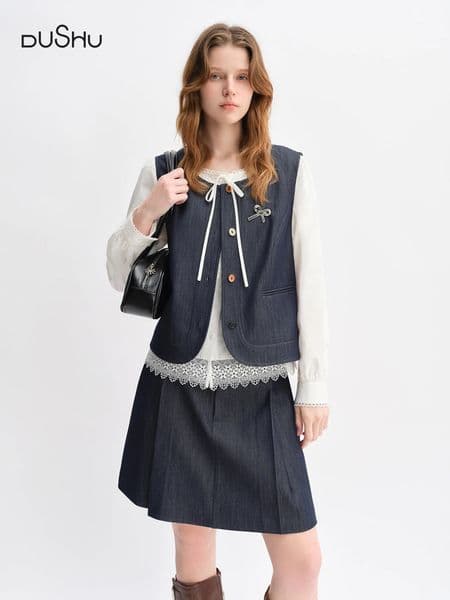 DUSHU Nordic Style Fashion Denim Suit Women Autumn Long and Short Vest Skirt Vintage Clothing Ins Dresses 25DS83108 260326