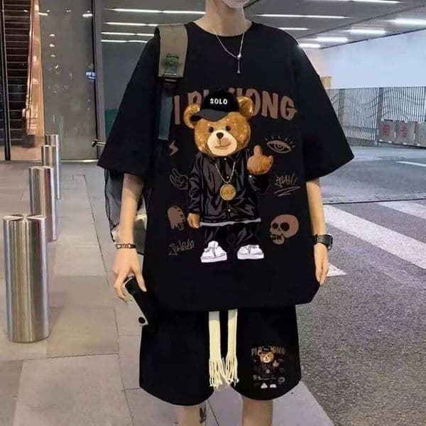 Little Bear Short Sleeved Shorts Set M XXXL 5Xl Men Summer Cotton T Shirts Breathable Loose Clothes Hip Hop Street Tees