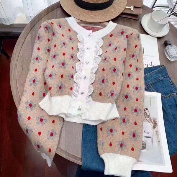 Lace Ruffle Patchwork Floral Knitted Cardigan Autumn Winter New Short Design Jacket Top Luxury Cardigan top