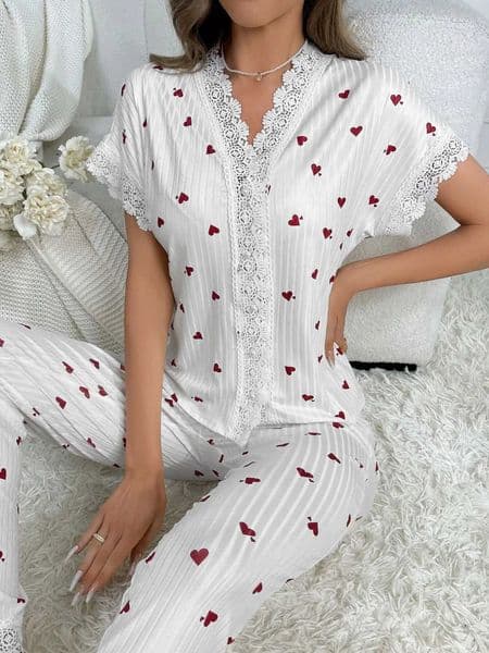 Spring Summer Pajama Set for Women Sleepwear Lace Trim Heart Print Short Sleeve Top Full-Length Pants Nightwear Loungewear C260327