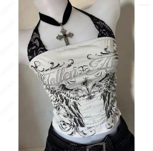 Women's Tanks Sexy Lace Y2k Halter Tops Women Clothing Gothic Punk Girl Summer Sling Body Tees Grunge Slim Corset Harajuku Kpop Crop Top Emo