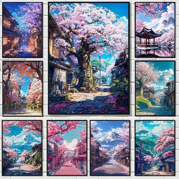 Japanese Cherry Blossom Village Poster Flora Tree Street Pathway Mount Fuji Canvas Painting Wall Art for Living Room Home Dec X260328