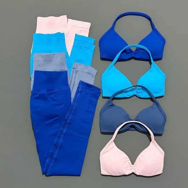 2 Piece Sport Set Women Bkless Halter Bra High Waist Scrun Seamless Pants Sport Suit Gym Sportswear Workout Set L260528