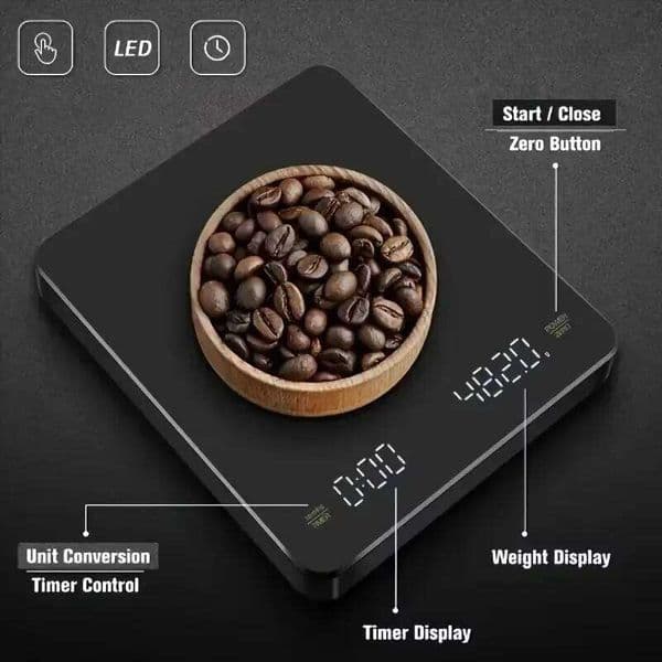 0.1g/3kg Digital Coffee with Timer LED Screen Espresso USB Weighing High Precision Measures in Oz/ml/g Kitchen Scale 26Y0328