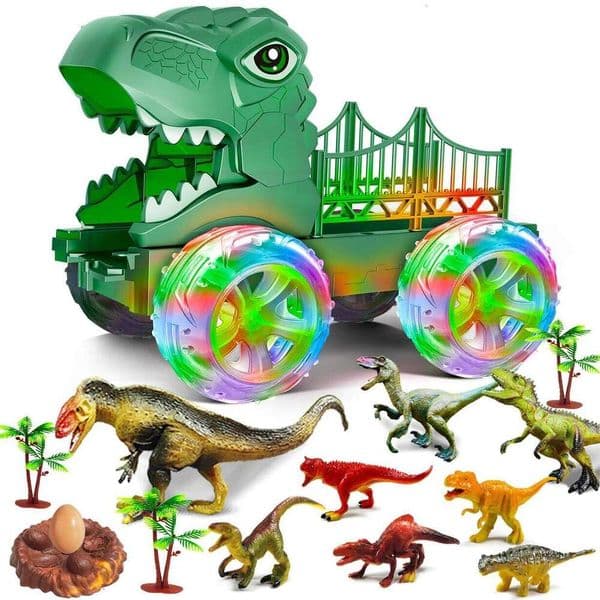Dinosaur Truck Toys Kids 3-6 Years Tyrannosaurus Transport Car Carrier Truck,LED Color Lights Play Set for Boys and Girls