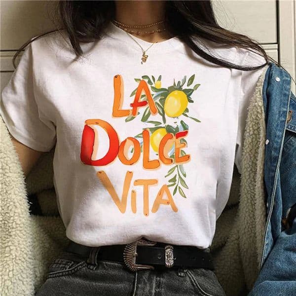 La Dolce Vita Lemon Print Short-sleeved T-shirt Womens Clothing Harajuku Graphic T-shirt Womens Clothing Top Personality 260324