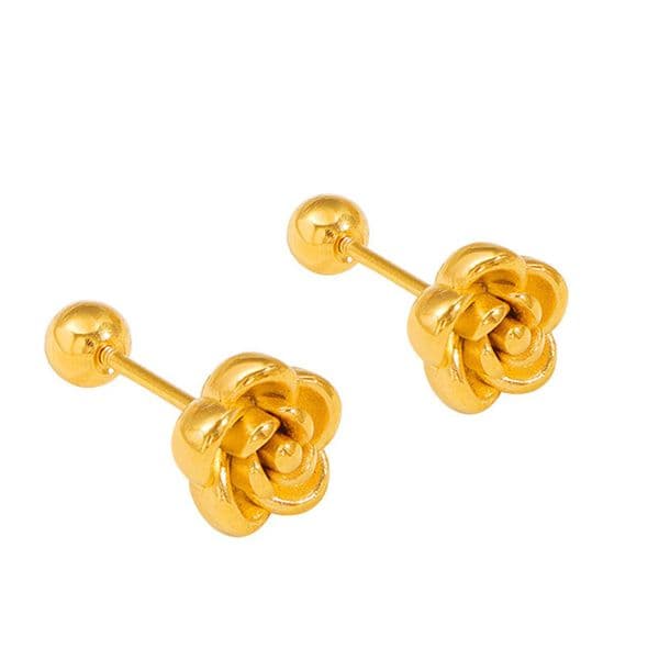 Exquisite Titanium Steel Camellia Flower Stud Earrings for Women Ladies 18K Real Gold Plated Stainless Steel Screw Back Stud Wedding Party Engagement Jewelry Gift