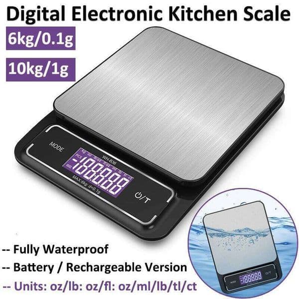 6kg/0.1g 10kg/1g Digital Electronic Kitchen Scale LCD Display Fully Waterproof Stainless Steel Measuring Weighing Baking Tool 26Y0328