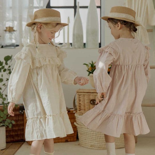2026 Spring Strawberry Shan Girls Solid Color Ruffled French Long Cotton Princess Style Long Sleeve Dress S260327