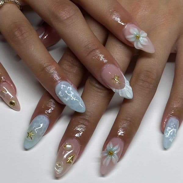 Blue Beach Wave Gradient Wearable Nails Shell Starfish Fake Nails Short Almond Nails 3D Water Ripple Nail Art T260328