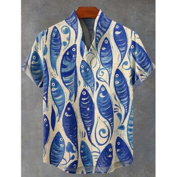 2025 New Printed Retro Style Mens Fish Print Casual New Linen Comfort Fabric Button-down Short-slved Shirt Printed T-shirt L260328