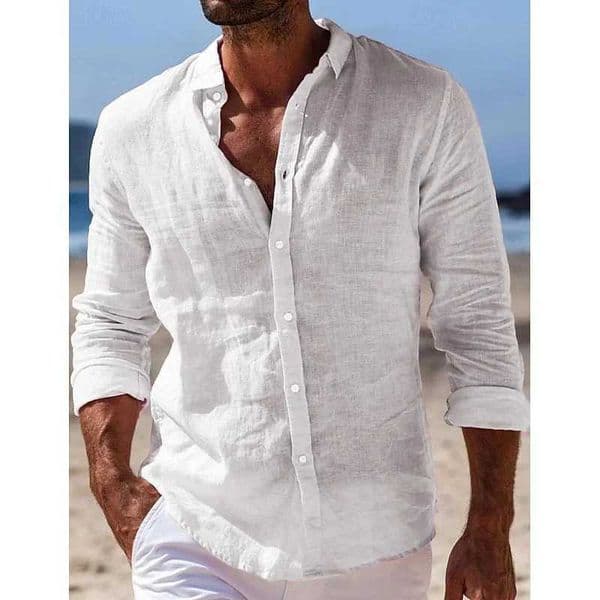 Mens Shirt Linen Shirt Summer Beach Shirt Button Solid Color Casual Daily Black White Navy Blue Long Slve Lapel XS-6XL L260328