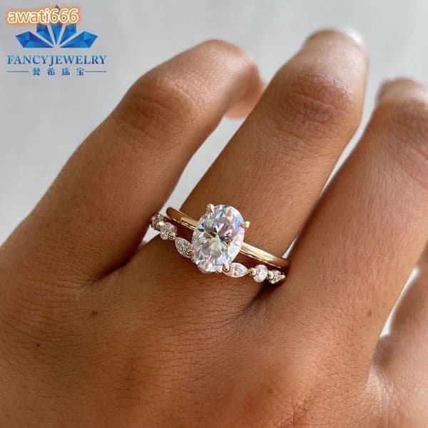 2CT Oval Shape Wedding Ring Moissanite Eternity Band Moissanite Bridal Ring Set Gold New for Man and Women Fancy Jewelry thumbnail 2