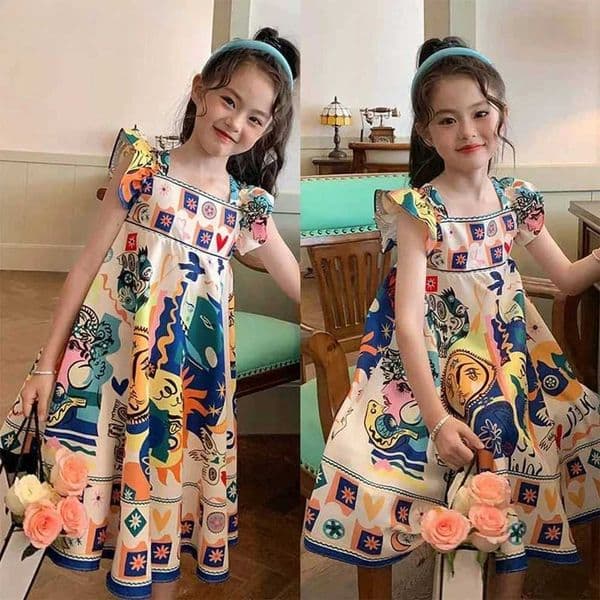 3-11 Year Old Childrens Casual Clothes Summer New Bohemian Style Square Neck Flying Sleeve Sun Print Dress for Girls Daily Wear S260327