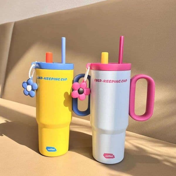 Cute Thermal Water 750ml Large Sport Tumbler Stainless Steel Vacuum Thermos Coffee Tea Bottle With Filter Straw Pendant 26L0328