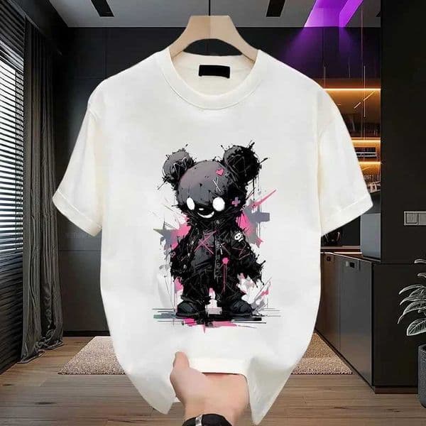 Funny black bear print t-shirt for men summer fashion casual loose personality breathable t-shirt 100 cotton street top J250328