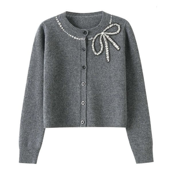 2026 autumn new designer slim fit elegant F8 gray heavy rhinestone bow long sleeved CC fashionable knitted cardigan top