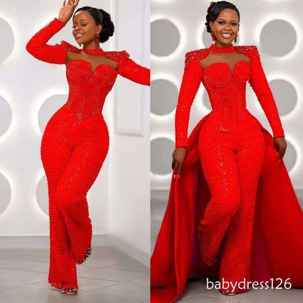 2026 Aso Ebi Prom Dresses One-Piece Jumpsuits High Neck Beaded Sequined Lace Detachable Train Evening Formal for Nigeria Black Women Birthday Gowns AM2911 ZD19
